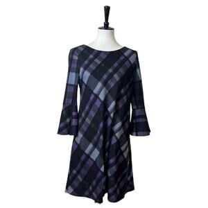 JH Dress Shift 3/4 Bell Sleeve Round Neck Black Purple Plaid Women’s Size LP